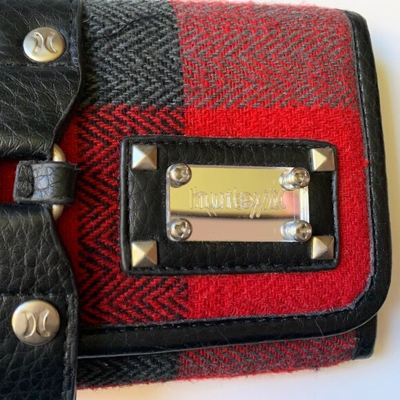Hurley Red & Black Plaid Wool Wallet with Studded Leather Trim - Picture 3 of 6